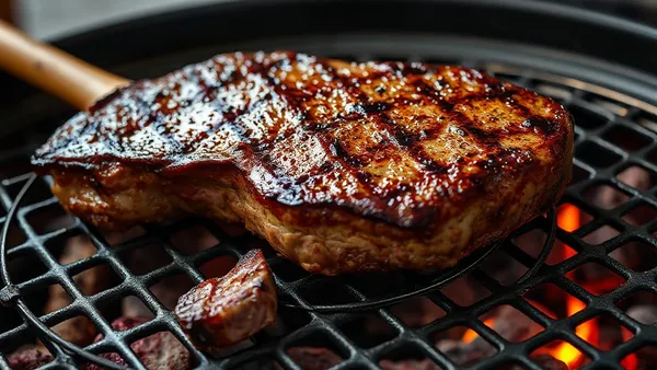 Tomahawk grelhado na brasa com osso comprido limpo, casca dourada e interior rosado fatiado sobre tábua de madeira