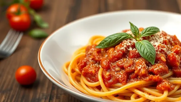 Prato fundo de bucatini all'amatriciana com molho vermelho brilhante, pedaços de guanciale crocante e queijo pecorino ralado grosso por cima