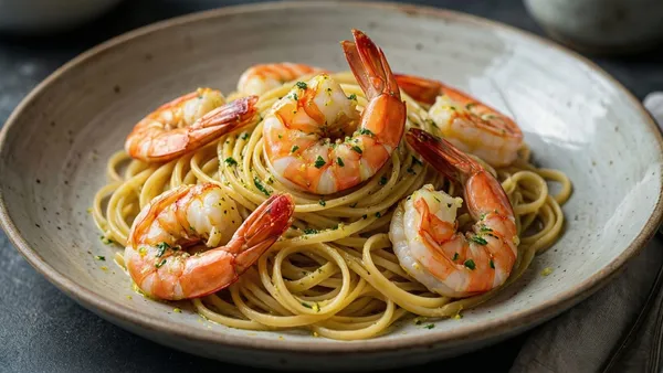 Linguine ao camarão na manteiga de alho, camarões rosados em formato de C, salsinha e raspas de limão