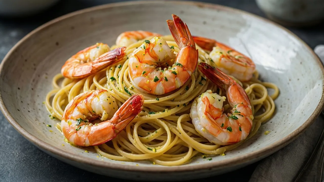 Linguine ao camarão na manteiga de alho, camarões rosados em formato de C, salsinha e raspas de limão