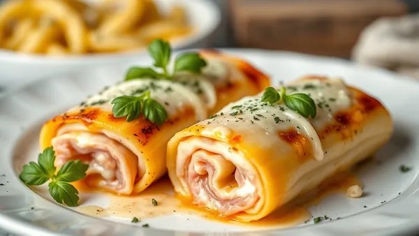 Travessa de canelone gratinado com molho branco dourado por cima, recheio de presunto e queijo aparecendo nas pontas dos rolos