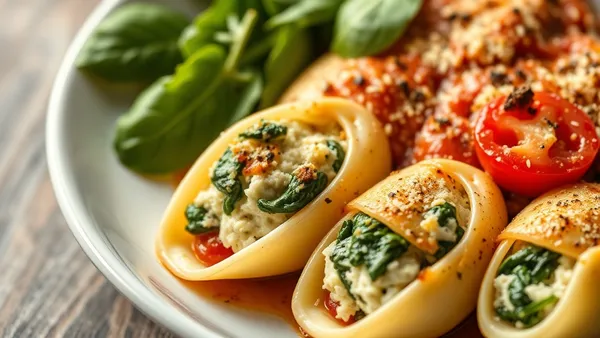Travessa de conchiglioni recheado gratinado, com conhas douradas e molho de tomate borbulhando nas bordas