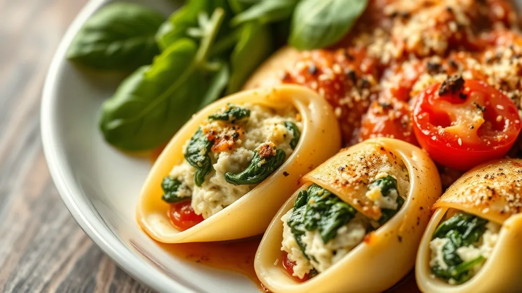 Travessa de conchiglioni recheado gratinado, com conhas douradas e molho de tomate borbulhando nas bordas