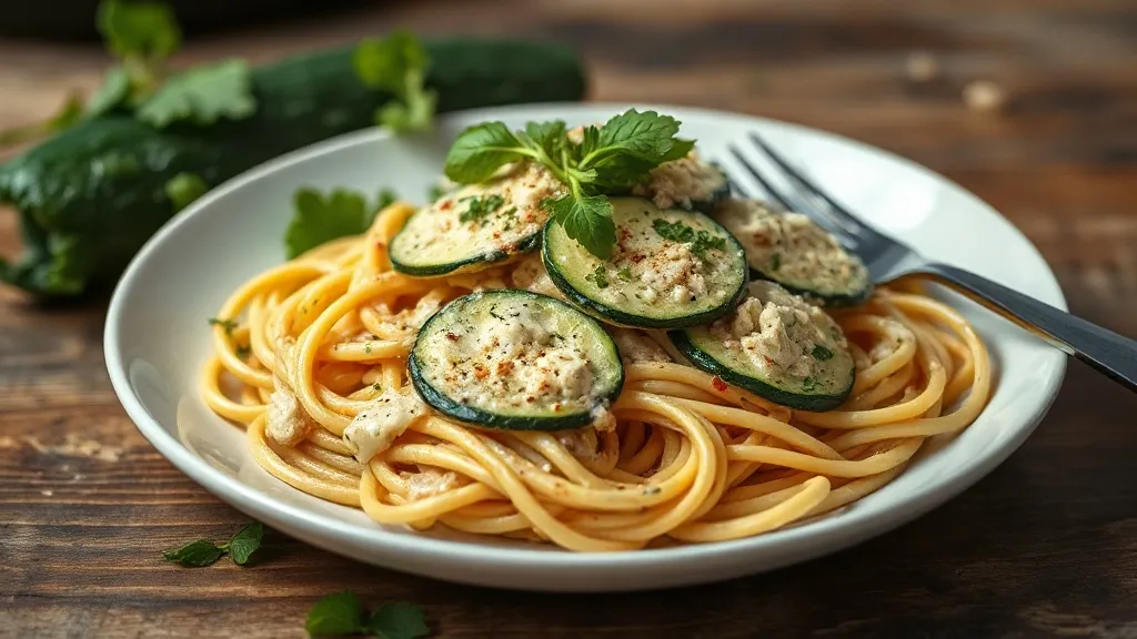 Prato de espaguete alla Nerano com rodelas de abobrinha frita dourada, molho cremoso amarelo-esverdeado e parmesão ralado por cima