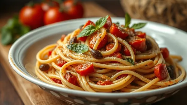 Prato fundo de espaguete alla puttanesca com molho de tomate escuro e brilhante, azeitonas pretas, alcaparras e folhas de manjericão