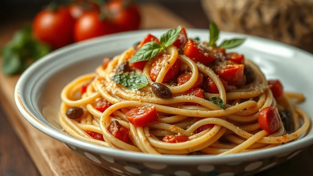 Prato fundo de espaguete alla puttanesca com molho de tomate escuro e brilhante, azeitonas pretas, alcaparras e folhas de manjericão