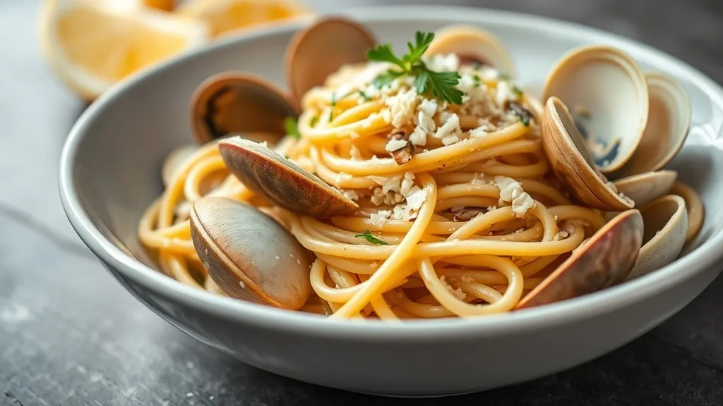 Espaguete alle vongole em frigideira de ferro com conchas abertas, molho dourado-transparente com salpicos de salsa fresca e azeite