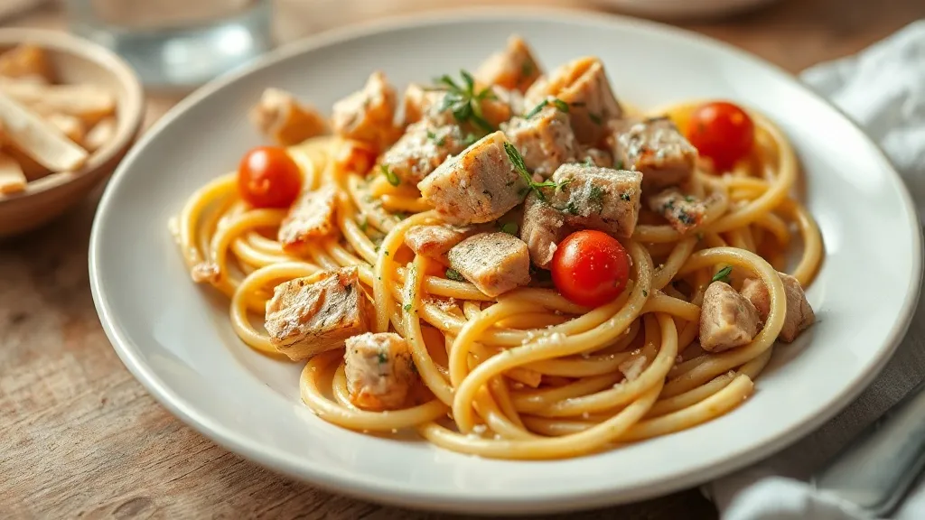 Espaguete ao molho de atum com tomate fresco e alcaparras, finalizado com azeite e salsinha