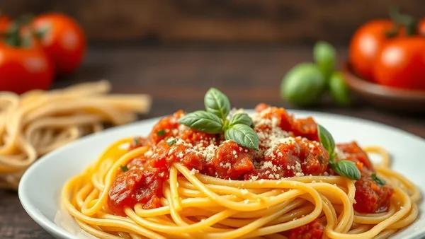 Prato de espaguete ao pomodoro fresco com tomates cereja partidos, manjericão e fio de azeite sobre fundo rústico