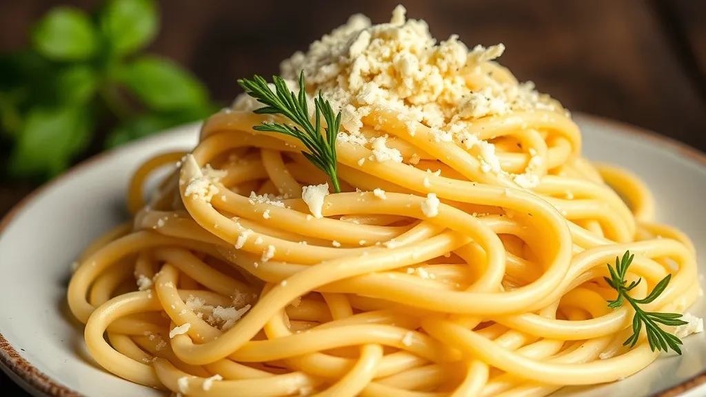 Prato de fettuccine alfredo com molho cremoso branco aderido à massa e parmesão ralado por cima