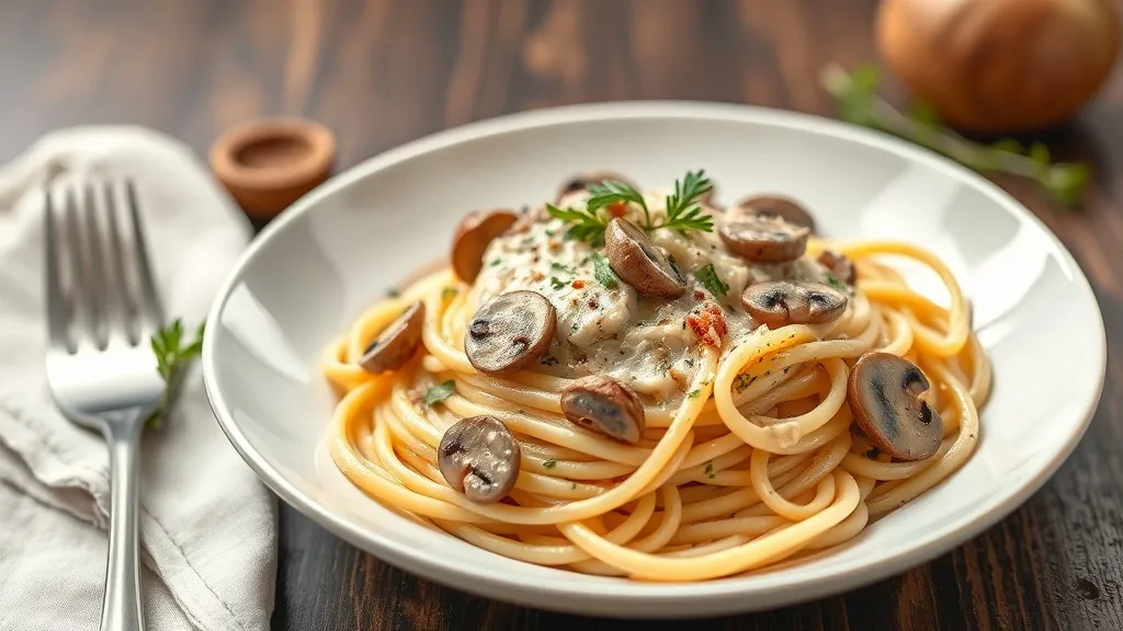 Prato de fettuccine com molho cremoso de funghi secchi, fatias de porcini dourado e salpicado de salsinha picada