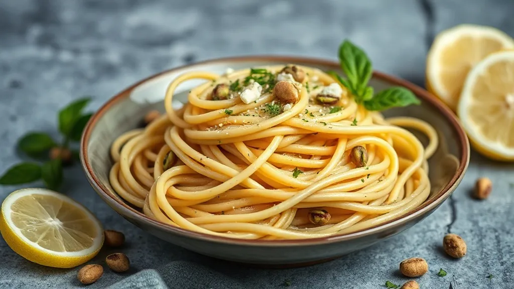 Prato fundo de linguine com molho amarelo-claro de limão e pedaços de pistache tostado por cima