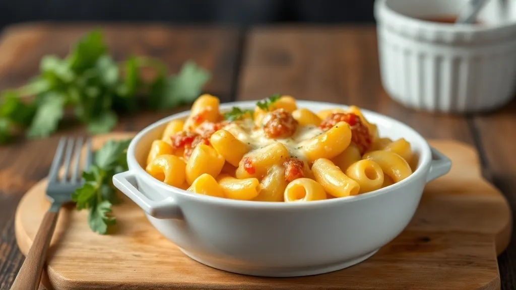 Travessa de macarrão de forno gratinado com crosta dourada e queijo derretido nas bordas