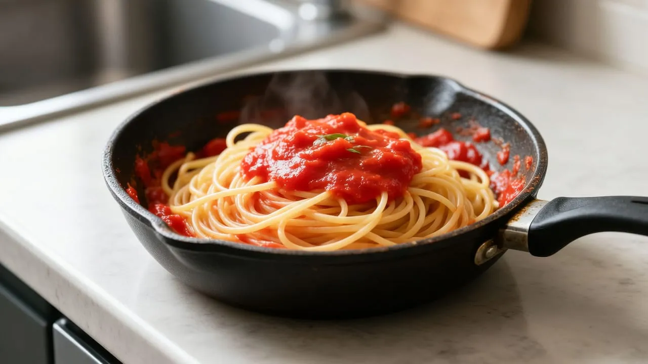 Espaguete com molho de tomate em uma frigideira sobre a bancada da cozinha