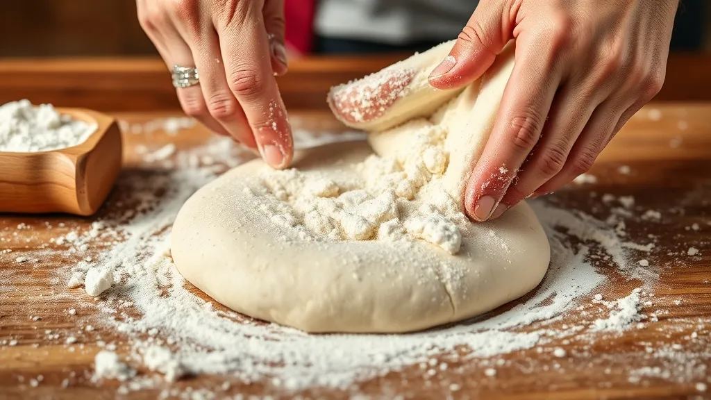 Bola de massa de pizza sendo esticada à mão sobre bancada enfarinhada