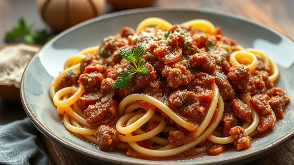 Prato de paccheri com ragu marrom de cebola derretida e carne desfiada, queijo pecorino ralado por cima, fundo rústico escuro