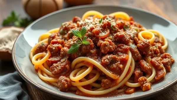Prato de paccheri com ragu marrom de cebola derretida e carne desfiada, queijo pecorino ralado por cima, fundo rústico escuro