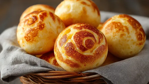 Pães de queijo dourados e estufados numa assadeira, um deles partido ao meio revelando o miolo macio e elástico