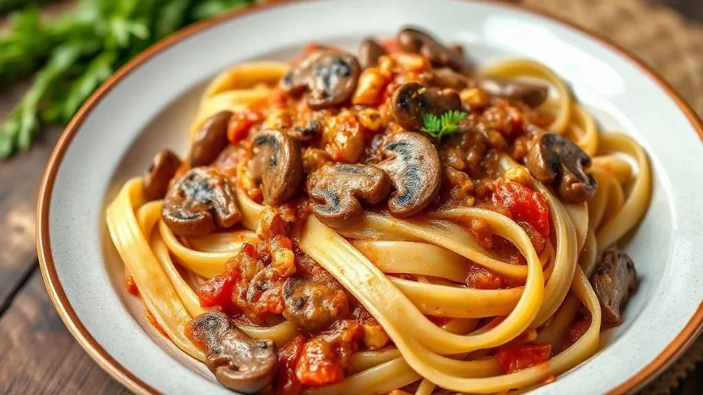 Prato fundo com pappardelle em fitas largas envolto em ragù escuro de cogumelos, lascas de parmesão e salsa por cima