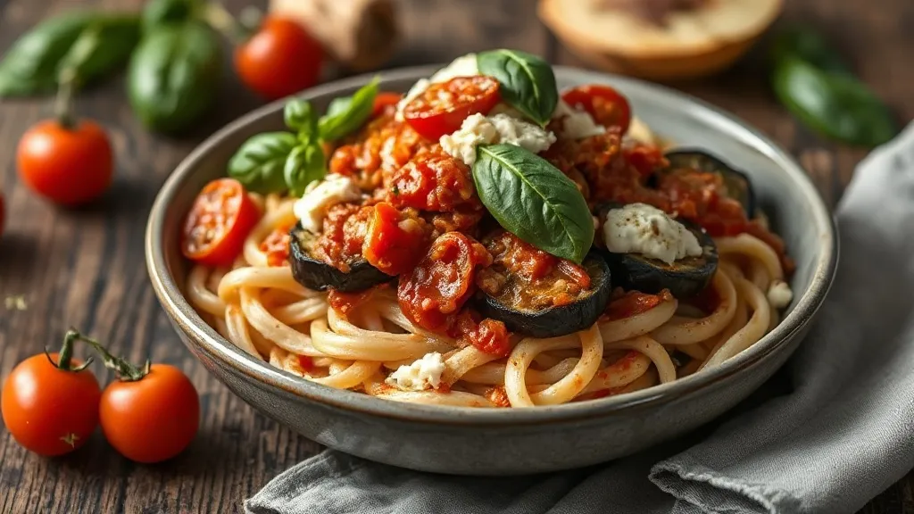 Prato de macarrão curto envolto em molho de tomate vermelho-vivo com cubos de berinjela frita dourada, manjericão fresco e ricota salata ralada por cima sobre mesa rústica