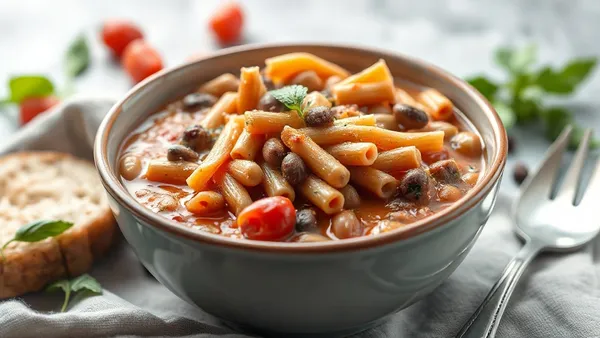Tigela funda de pasta e fagioli cremosa, com macarrão tipo ditalini e feijão borlotti em caldo encorpado avermelhado, finalizada com fio de azeite, alecrim e parmesão ralado