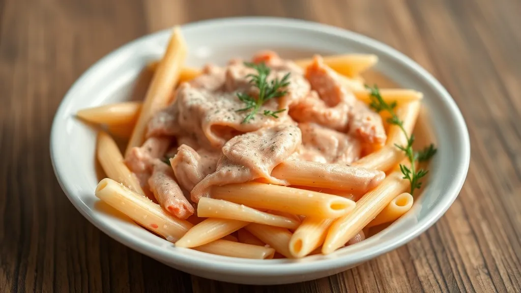 Prato de penne com molho rosa cremoso de tomate e creme, polvilhado com parmesão e folhas de manjericão
