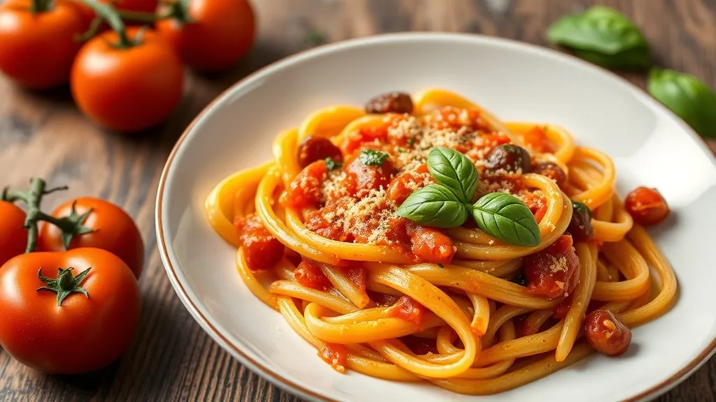 Prato de penne arrabbiata com molho de tomate vermelho intenso e flocos de pimenta visíveis na superfície