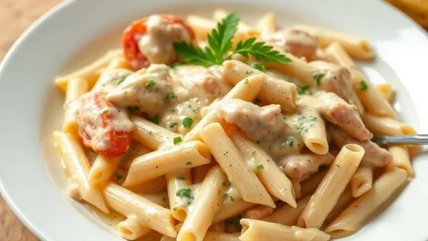 Prato de penne ao molho branco cremoso com pedaços dourados de frango e salsa picada por cima