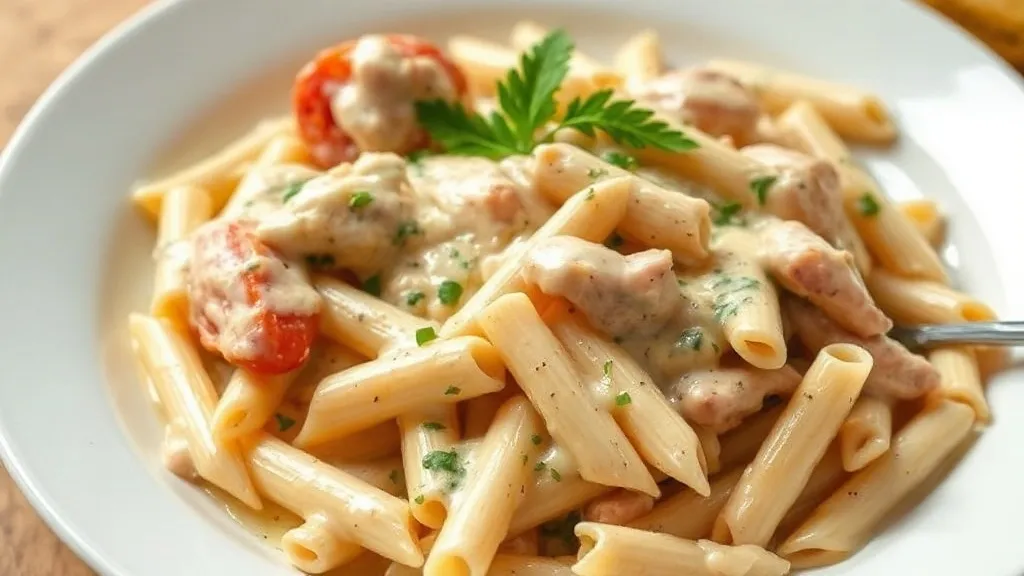 Prato de penne ao molho branco cremoso com pedaços dourados de frango e salsa picada por cima