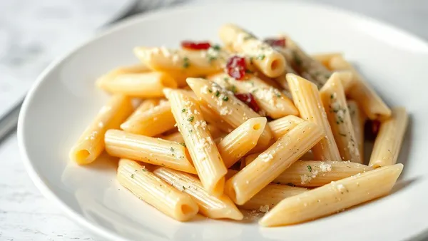 Prato de penne aos quatro queijos com molho cremoso e brilhante envolvendo cada tubo da massa, fios de queijo derretido e pimenta-do-reino moída por cima