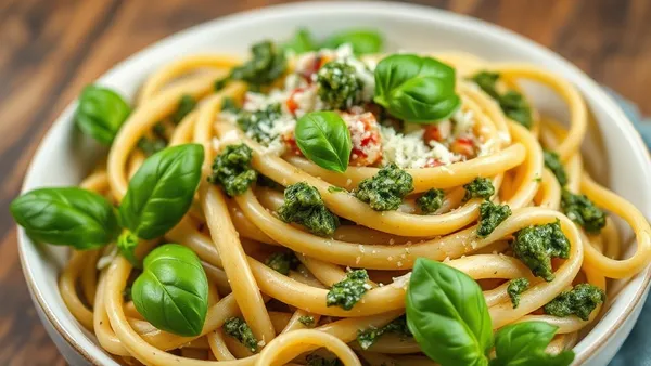 Prato de espaguete envolto em pesto verde-vivo com folhas de manjericão fresco, lascas de parmesão e pinoli por cima