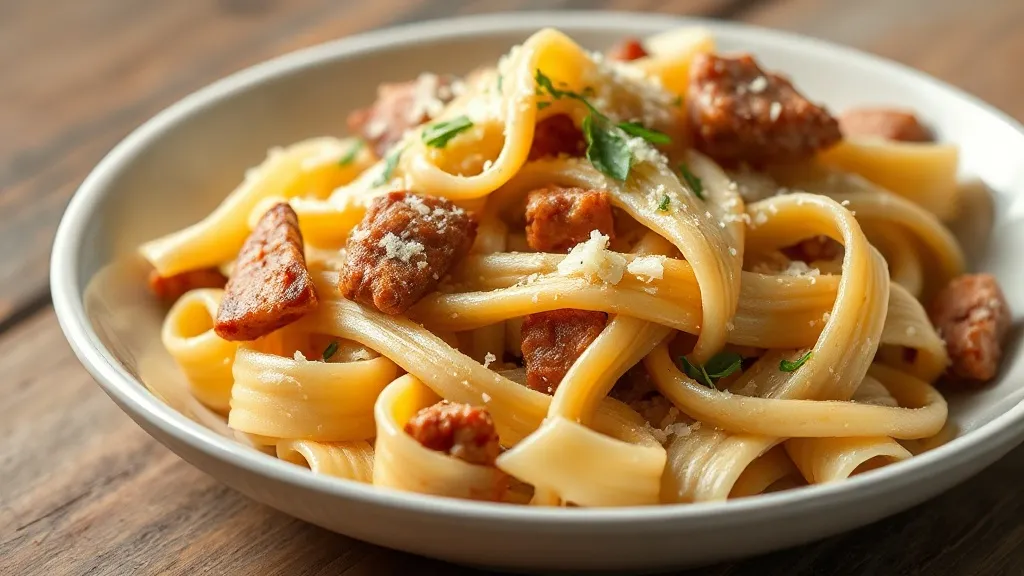 Prato de rigatoni alla gricia com cubos de guanciale dourado e pecorino romano ralado generoso sobre a massa, fundo escuro rústico