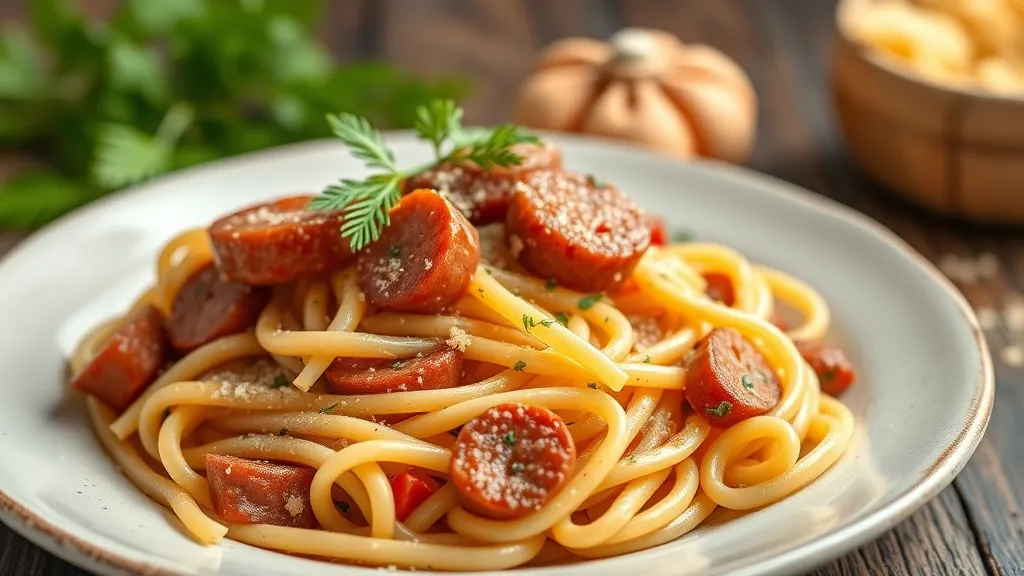 Prato fundo com rigatoni em molho alaranjado e rústico de linguiça fresca italiana, finalizado com parmesão ralado e um fio de azeite