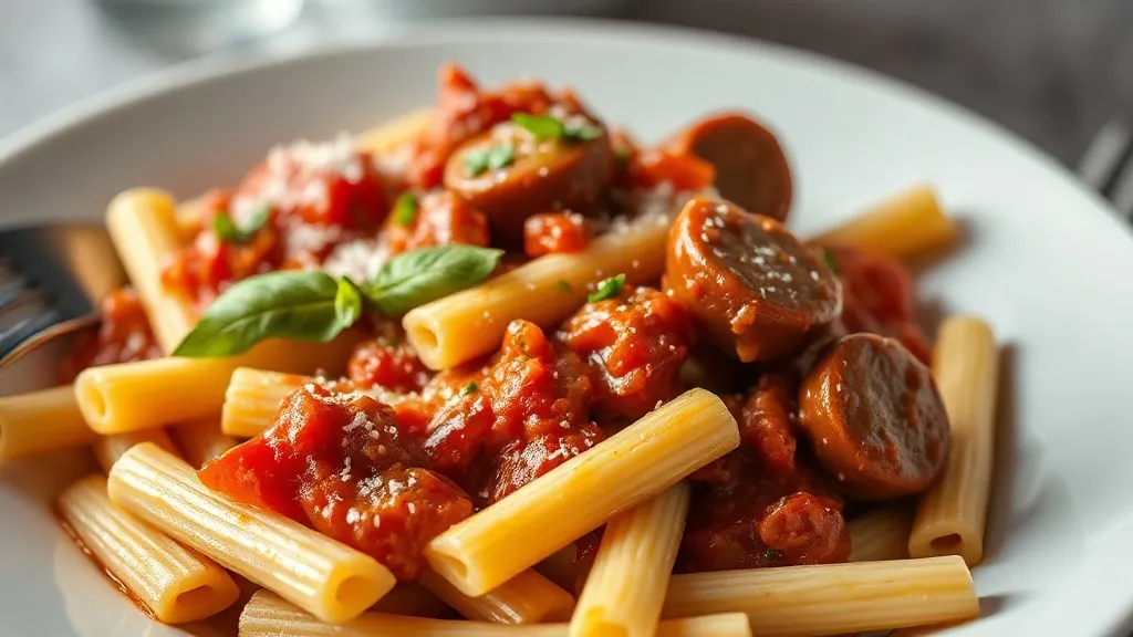 Rigatoni em molho cremoso de tomate com pedaços de guanciale e salsiccia, polvilhado com pecorino e pimenta-do-reino