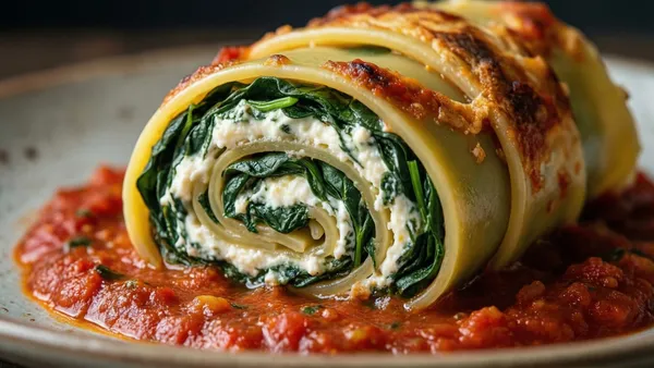 Rodelas de rotolo de massa recheado com espinafre e ricota, gratinadas com molho de tomate em travessa