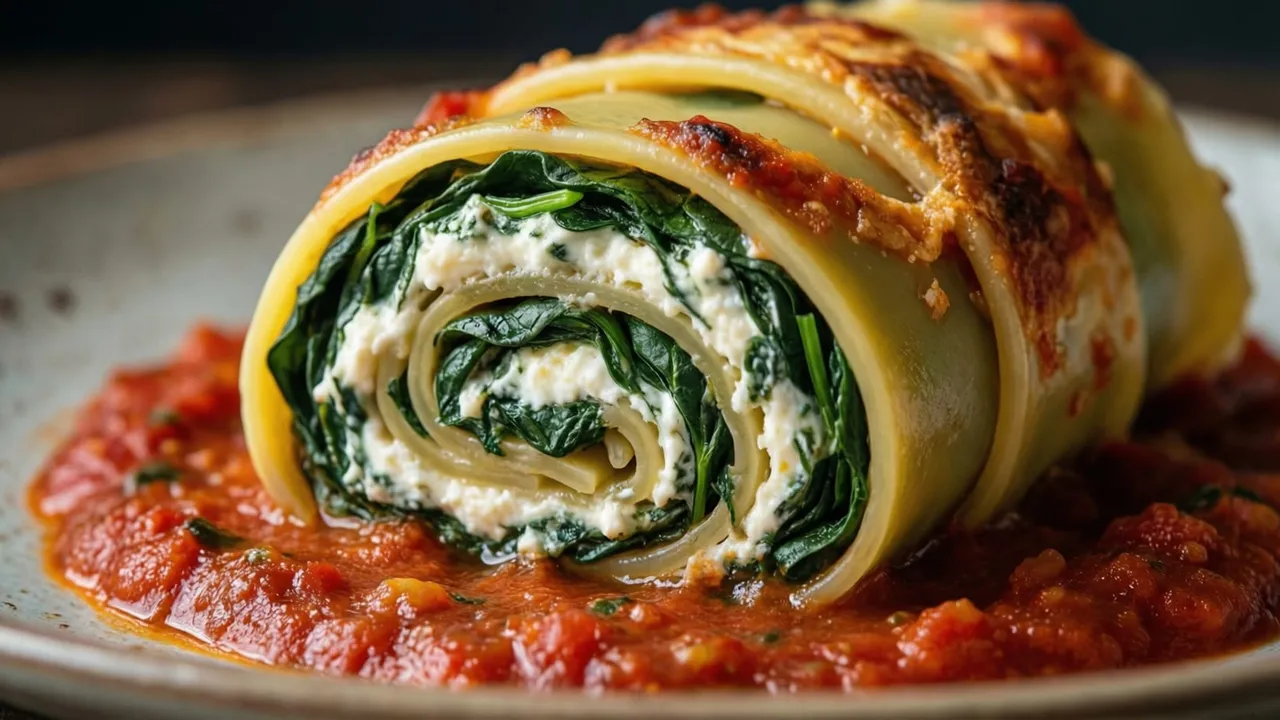 Rodelas de rotolo de massa recheado com espinafre e ricota, gratinadas com molho de tomate em travessa