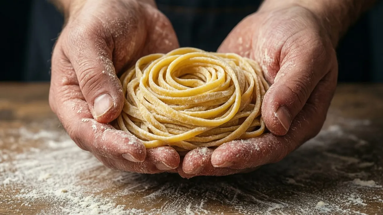 Strozzapreti caseiro enrolado à mão, textura rústica e irregular, ao molho de tomate fresco com manjericão
