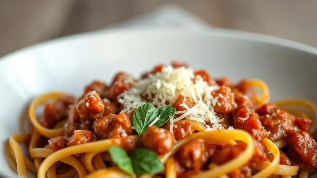 Prato fundo de tagliatelle fresco coberto com ragù bolognese marrom-avermelhado e generoso, com parmesão ralado fino por cima