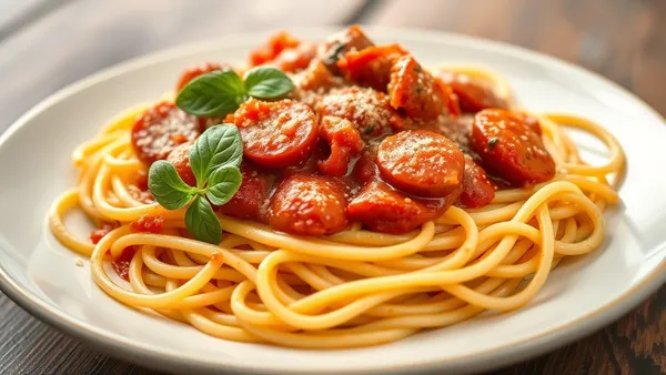 Prato de talharim com molho de sugo de linguiça toscana, tomate encorpado vermelho-escuro e ervas frescas por cima
