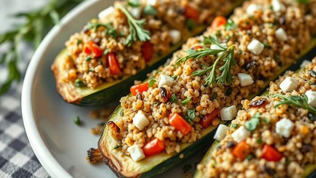 Metades de abobrinha recheadas com quinoa, queijo feta esfarelado e ervas frescas sobre assadeira com tomates-cereja ao redor