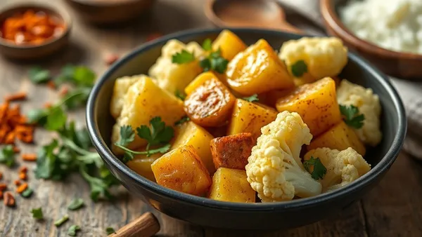 Frigideira com aloo gobi — couve-flor e batata douradas com especiarias indianas, coentro fresco por cima