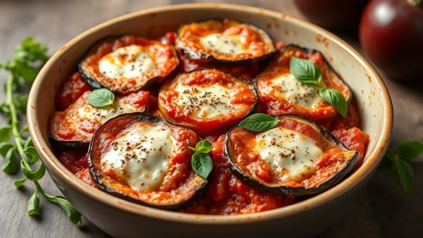 Travessa de berinjela à parmegiana gratinada, com camadas de berinjela dourada, molho de tomate e queijo derretido borbulhando na superfície