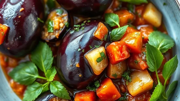Tigela rasa de cerâmica com caponata siciliana de berinjela em cubos, aipo, azeitonas e tomate, finalizada com manjericão fresco