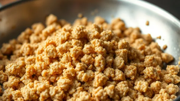 Proteína de soja texturizada refogada e dourada em panela, com cebola e molho de tomate