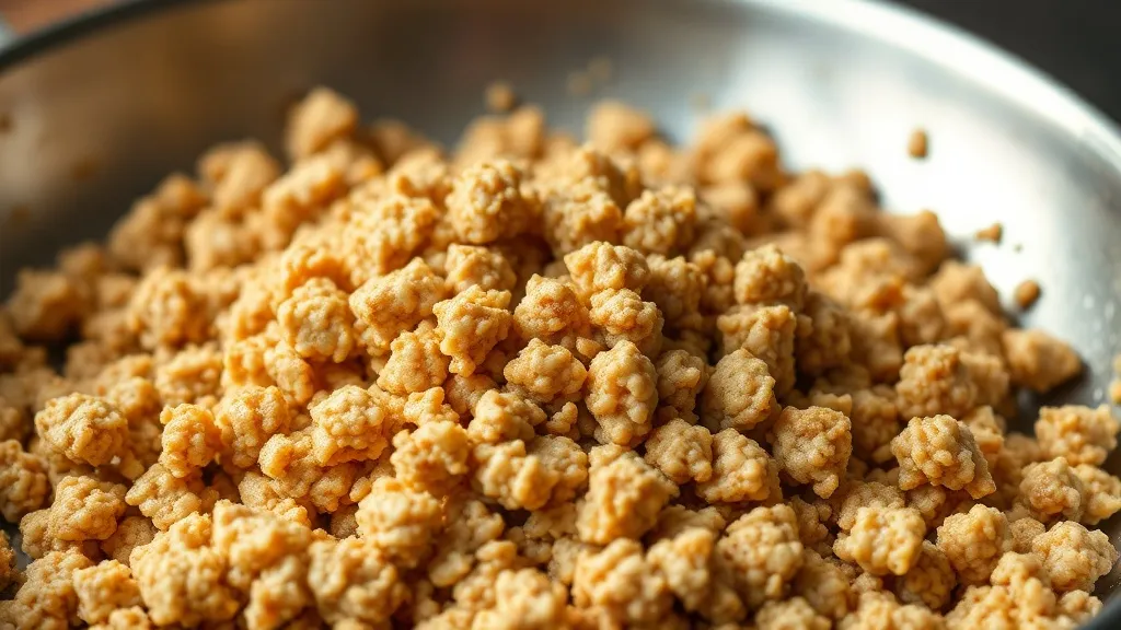 Proteína de soja texturizada refogada e dourada em panela, com cebola e molho de tomate