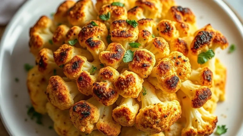 Couve-flor inteira assada e dourada num prato, regada com molho de tahine claro e salpicada de salsinha
