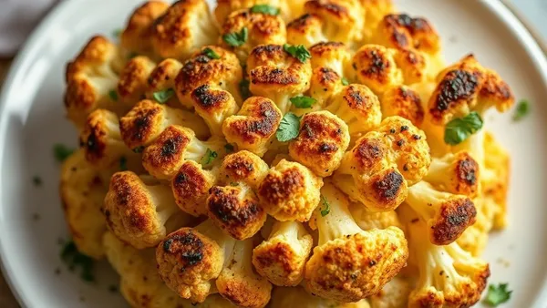 Couve-flor inteira assada e dourada num prato, regada com molho de tahine claro e salpicada de salsinha