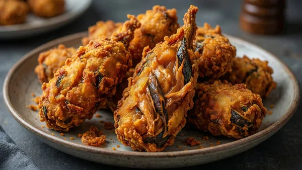 Coxinhas vegetarianas de jaca verde desfiada, crosta dourada e crocante, cortada ao meio mostrando o recheio fibroso