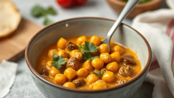 Bowl de curry de grão-de-bico cremoso em cor laranja-ouro, com coentro fresco por cima e arroz branco ao lado