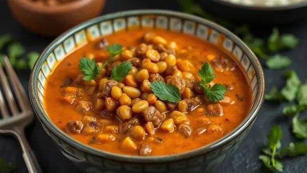 Panela de curry de lentilha vermelha com leite de coco, colorido de laranja e amarelo dourado, finalizado com coentro fresco e fio de azeite